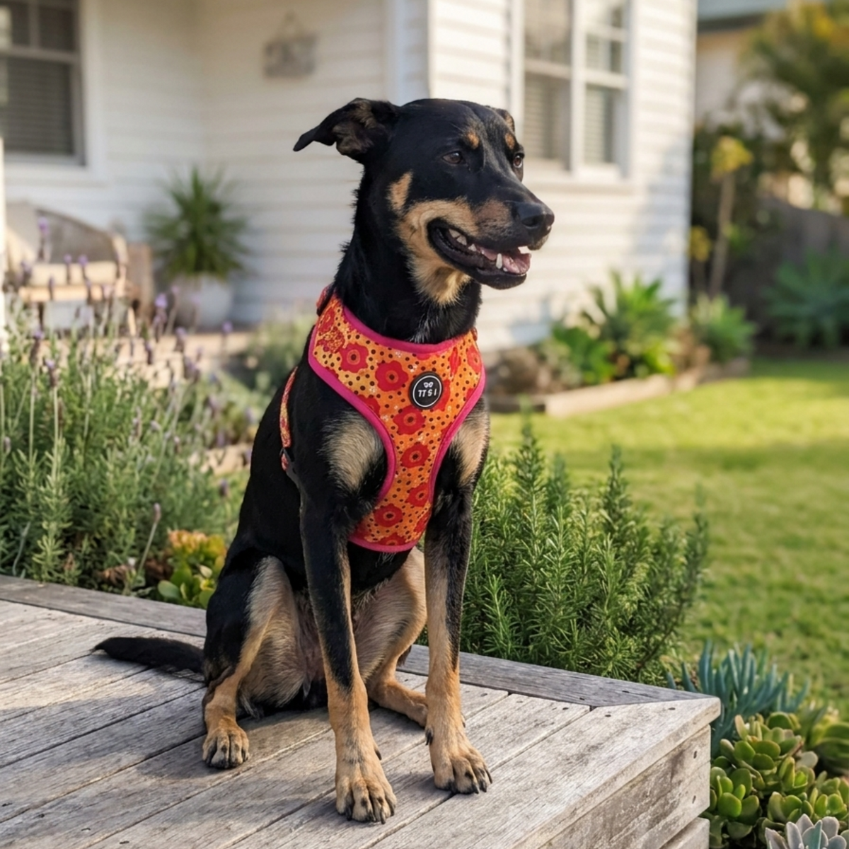 A black and tan dog sitting on a wooden deck wearing a bright red and yellow floral patterned harness, with a green lawn and a white house in the background.