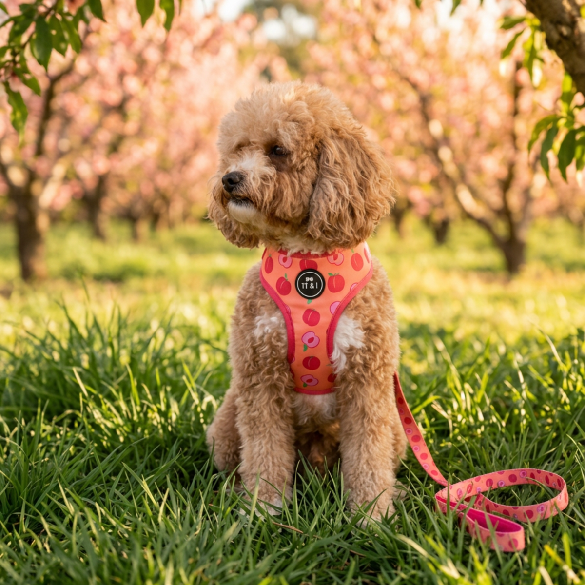 A small curly-haired dog sits on green grass in a sunny outdoor setting with blooming pink trees in the background. The dog is wearing a pink harness with a polka-dot pattern and a matching leash on the grass.