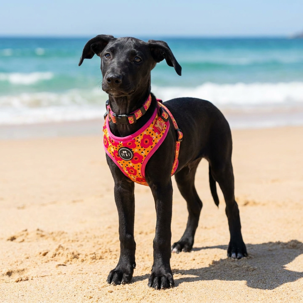 A black dog standing on a sandy beach wearing a bright pink and orange floral harness with a circular logo patch on the chest.